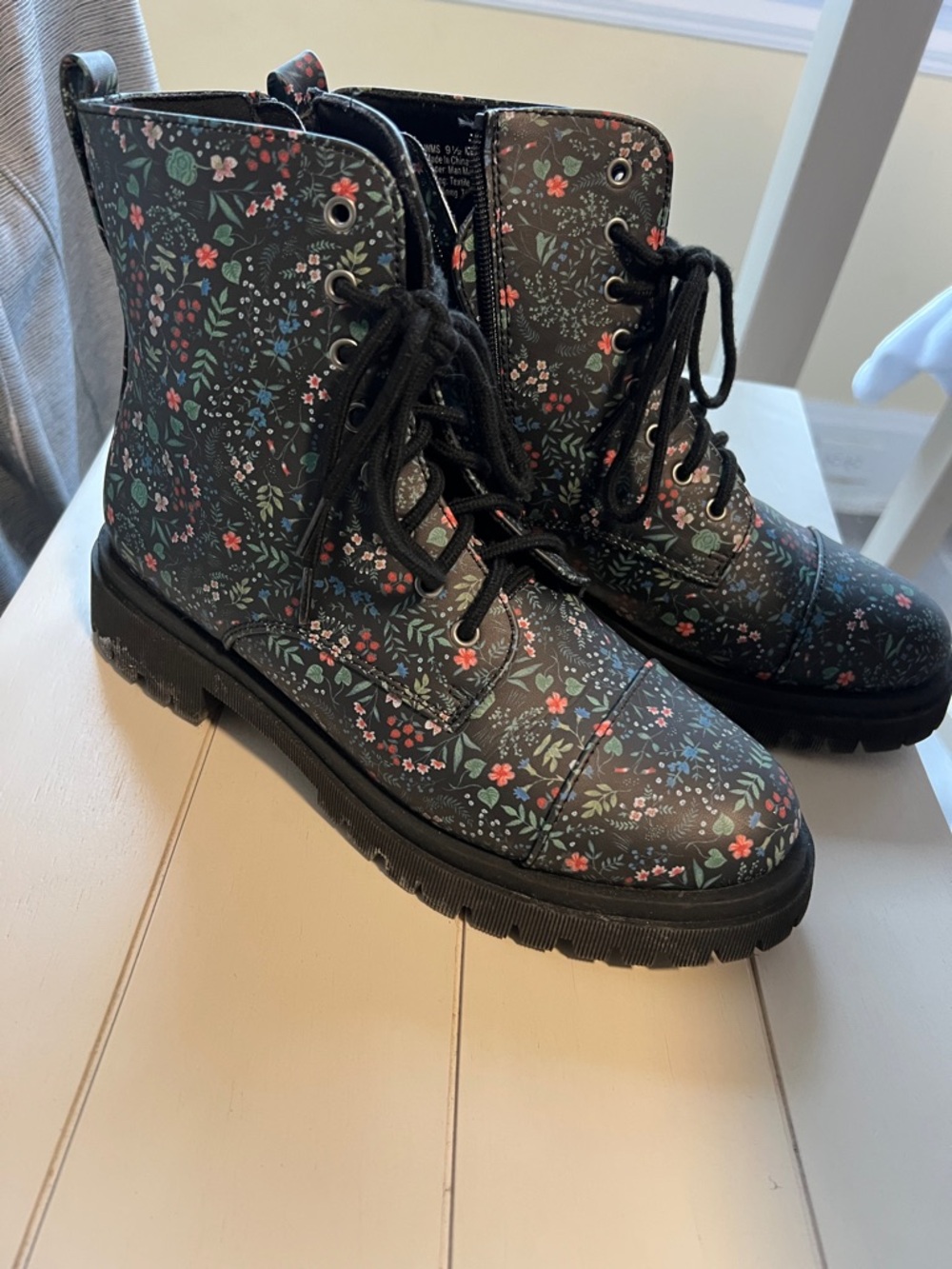 Black Floral Combat Boots with Multicolor Print